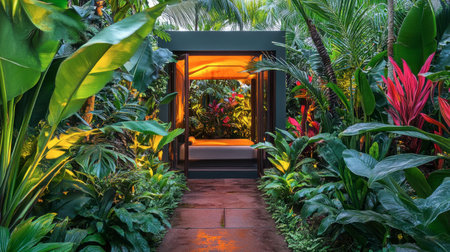 A stunning entrance to a tropical garden featuring rich greenery and vibrant plants. The pathway is illuminated, inviting relaxation and exploration in a serene outdoor setting.の素材