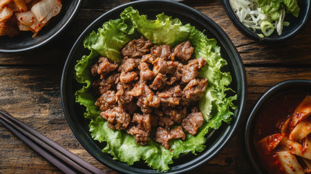 A vibrant dish showcasing marinated grilled beef nestled in fresh lettuce, perfect for a delicious meal accompanied by kimchi and chopped onions on a rustic wooden table.の素材
