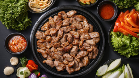 A vibrant assortment of grilled meat served with an array of fresh vegetables and flavorful dipping sauces, showcasing a mouthwatering culinary experience for meat lovers.の素材