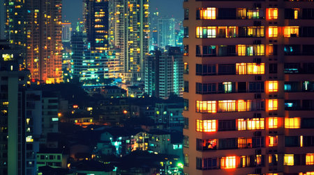A stunning nighttime view of a city skyline, featuring illuminated skyscrapers and vibrant apartment windows, showcasing the dynamic urban atmosphere and architectural beauty.の素材