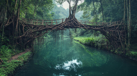 Discover a stunning living root bridge surrounded by vibrant foliage, reflecting in calm waters, showcasing nature's incredible architecture and serene beauty in an enchanting forest.の素材