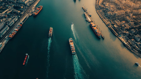 Stunning aerial view showcasing busy shipping channel filled with container ships maneuvering through waterways against a vibrant urban backdrop at golden hour.の素材