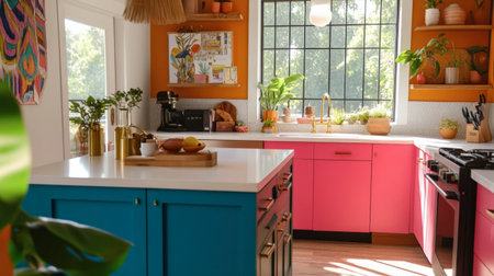 Explore a vibrant and airy kitchen showcasing colorful cabinets, ample natural light, and lush green plants, creating an inviting space for culinary creativity and comfort.の素材