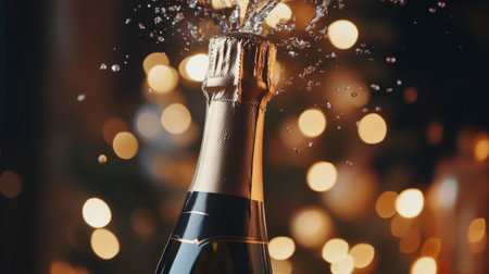 A bottle of sparkling champagne erupts with bubbles and cork against a blurred festive background, capturing the spirit of celebration, joy, and excitement for special occasions.の素材