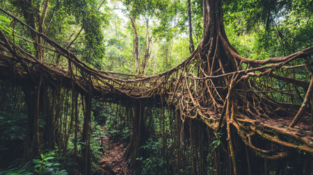 A stunning tropical rainforest scene showcasing a network of tree roots arching over a lush green landscape, inviting exploration and appreciation of nature's beauty.の素材