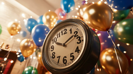 A stunning clock stands prominently in a festive setting filled with colorful balloons and sparkling lights, capturing the spirit of a joyful celebration and highlighting the anticipation of cherished moments.の素材