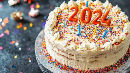 A vibrant and festive cake adorned with colorful sprinkles and candles, representing the joyous 2024 New Year celebration, perfect for party and holiday themes.の素材