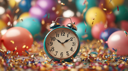 A joyful scene featuring a vintage alarm clock surrounded by colorful balloons and sparkling confetti, capturing the essence of celebration and the passage of time in a festive atmosphere.の素材