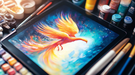 A stunning digital illustration of a phoenix with vibrant wings, displayed on a tablet, surrounded by various art supplies and paints in an inspiring workspace.の素材