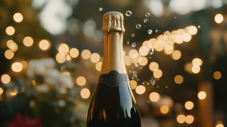 A stunning champagne bottle bursts open, releasing bubbles in a joyful celebration setting illuminated by soft twinkling lights, creating a perfect atmosphere for any festive gathering.の素材