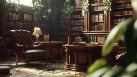 A beautifully designed library interior featuring rich wooden shelves filled with books, a cozy armchair, and natural elements creating a serene reading environment.の素材