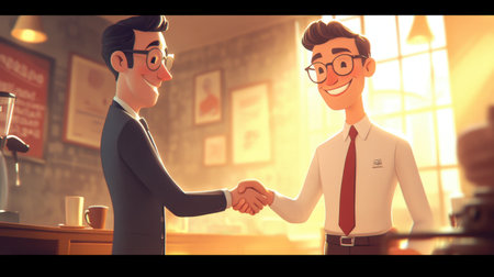 Two cheerful professionals engage in a friendly handshake inside a cozy coffee shop, highlighting collaboration and positive communication in a warm and inviting atmosphere.の素材