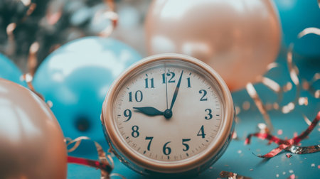 A vintage clock showing midnight sits among vibrant balloons and festive decorations, creating a joyful atmosphere perfect for celebrations, parties, or special occasions.の素材