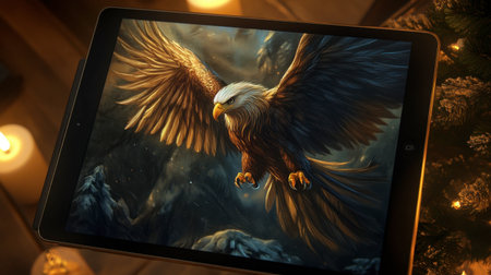 A stunning digital illustration of a majestic eagle in flight is showcased on a tablet screen, creating a captivating blend of nature and technology amidst a warm candlelit setting.の素材