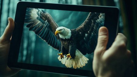 A captivating image of a majestic bald eagle in flight displayed on a digital tablet, showcasing the beauty of wildlife combined with modern technology in a serene forest setting.の素材