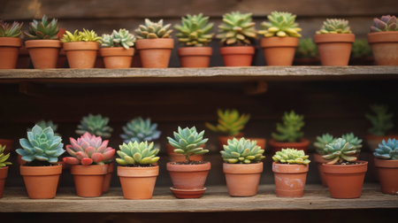 This photo features an array of colorful succulent plants meticulously arranged in terracotta pots on wooden shelves, bringing a sense of nature and tranquility to any space.の素材