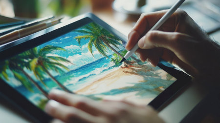 A captivating digital artist creates a beautiful beach scene on a tablet using a stylus, capturing nature's vibrant colors and soothing atmosphere in a modern workspace.の素材