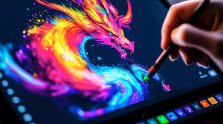 Eye-catching digital illustration of a colorful dragon in a surreal space, showcasing artistic talent and creativity in a vibrant and imaginative way.の素材