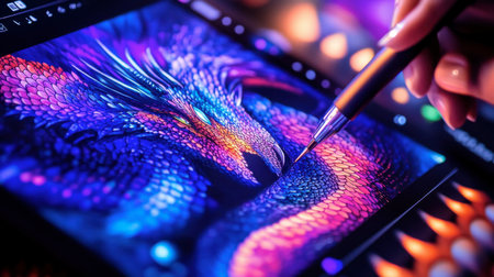 A stunning close-up of a hand creating vibrant digital artwork of a dragon, showcasing intricate scale details and radiant colors in a creative workspace atmosphere.の素材