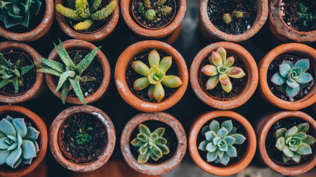 An overhead shot showcasing beautifully arranged succulent plants in terracotta pots, perfect for adding a touch of nature to indoor spaces and enhancing home aesthetics.の素材