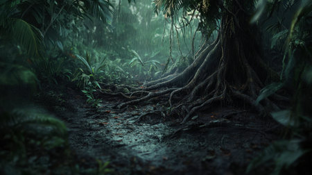 A captivating rainforest scene showcasing lush greenery, towering trees, and intricate roots, evoking a sense of tranquility and connection to nature. Ideal for nature-themed projects.の素材