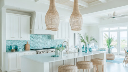 Explore this stunning coastal kitchen featuring light colors, modern design elements, and a refreshing aesthetic that invites tranquility and comfort into any home.の素材