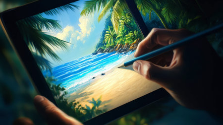 A serene moment capturing an artist using a digital tablet to illustrate a vibrant tropical beach scene, showcasing the harmony between technology and nature's beauty.の素材