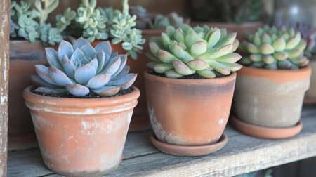 Showcasing a delightful collection of succulent plants in terracotta pots, this image captures the charm of indoor gardening in natural light, perfect for home decor inspiration.の素材