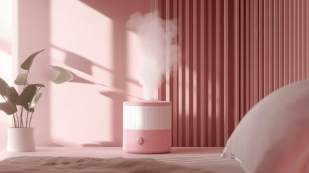 A tranquil bedroom scene featuring a pink humidifier releasing steam, complemented by natural light and minimalist decor, ideal for promoting relaxation and wellness.の素材