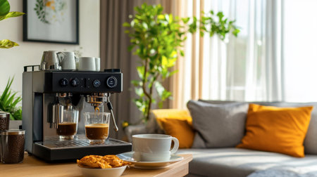 A beautifully arranged espresso machine with freshly brewed coffee and tasty cookies, set in a bright living room, perfect for cozy moments and inviting relaxation.の素材