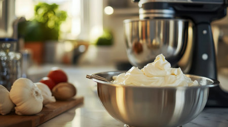 A bright kitchen scene showcasing creamy whipped topping in a bowl with fresh ingredients nearby, emphasizing the joy of cooking and preparation in a cozy home environment.の素材