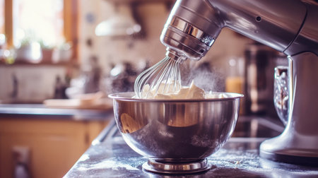 A stylish kitchen moment captures a silver stand mixer working through creamy batter in a shiny bowl, surrounded by flour dust and warm, inviting light.の素材