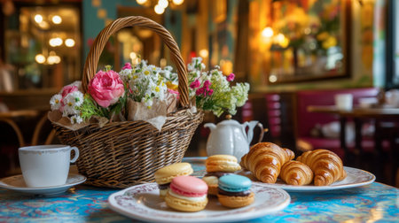 A delightful tea time scene featuring a woven basket filled with fresh flowers, colorful macarons, and flaky croissants, ideal for a cozy cafe ambiance.の素材