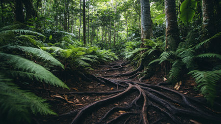 A captivating view of a forest path adorned with intricate tree roots and lush ferns, showcasing the serene beauty of nature in a vibrant and tranquil setting.の素材