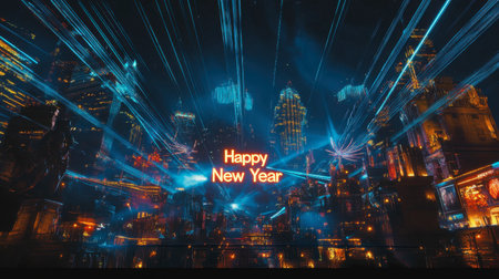 A stunning city skyline at night showcasing colorful laser lights illuminating the "Happy New Year" message, creating a vibrant and festive atmosphere for celebrations.の素材