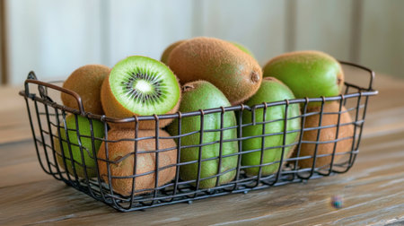 A beautiful arrangement of fresh kiwi fruits in a wire basket on a wooden surface, showcasing the contrast between the furry skins and the bright green flesh of the cut kiwi.の素材