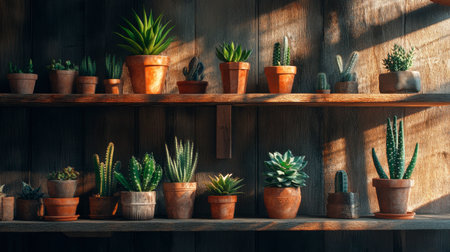 A stunning arrangement of potted succulents and cacti on wooden shelves, beautifully illuminated by natural light, evoking a peaceful and modern ambiance perfect for any interior space.の素材