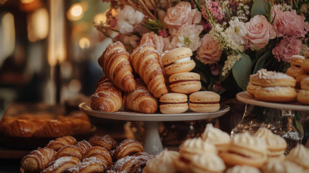A beautifully arranged display of croissants, macarons, and other pastries, complemented by a vibrant floral centerpiece in a charming bakery environment.の素材