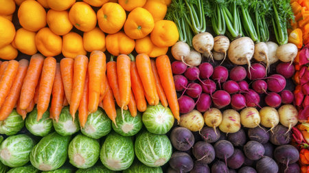 A stunning array of fresh vegetables and citrus fruits showcases a lively market scene, emphasizing health, nutrition, and vibrant colors that enhance culinary delights.の素材