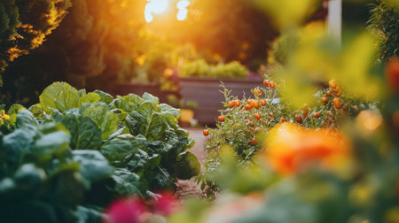 A tranquil garden scene featuring lush green vegetables and vibrant flowers at sunset, showcasing nature's beauty and the peaceful essence of gardening.の素材