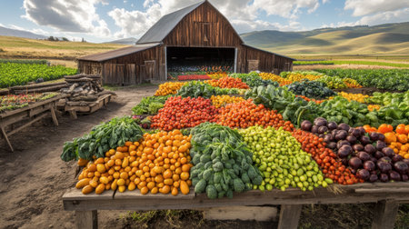 A stunning arrangement of fresh vegetables and fruits showcases the beauty of nature at a rustic barn, emphasizing vibrant colors and healthy produce in a picturesque countryside setting.の素材