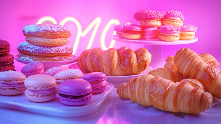 Enticing assortment of pastries featuring gourmet macarons, fluffy croissants, and sugary delights, beautifully arranged against a vibrant neon backdrop for a striking visual effect.の素材