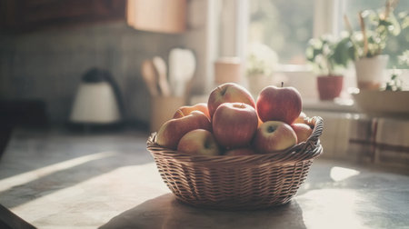 A beautiful arrangement of fresh red apples in a woven basket on a kitchen table, bathed in warm sunlight, creating a cozy and inviting atmosphere.の素材