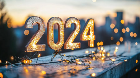 Celebrate the arrival of the New Year 2024 with sparkling decorations, bright lights, and a vibrant sunset cityscape, capturing the joy of the festive season.の素材