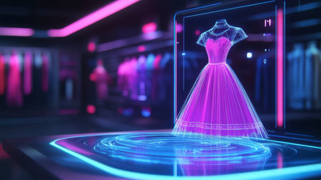 Explore a captivating holographic representation of a dress in a modern retail space, showcasing innovative fashion design within a vibrant neon-lit environment.の素材