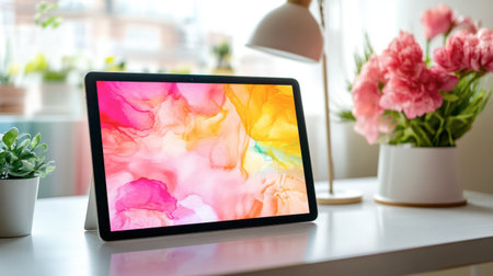 A vibrant tablet displays colorful abstract art in a modern workspace, surrounded by fresh flowers and a stylish desk lamp, creating an inspiring and inviting atmosphere.の素材
