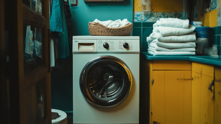 A cozy laundry room featuring a modern washing machine and neatly folded towels in baskets, showcasing vibrant decor. A functional space for everyday cleaning tasks.の素材