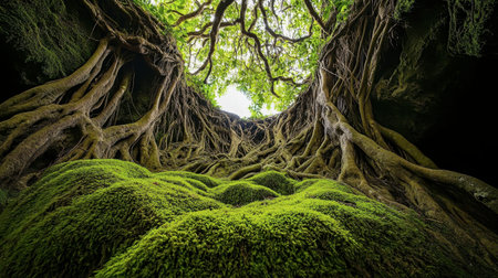 Discover the enchanting beauty of a tropical cave filled with intricate tree roots and lush green moss, bathed in soft sunlight, revealing nature's extraordinary details.の素材