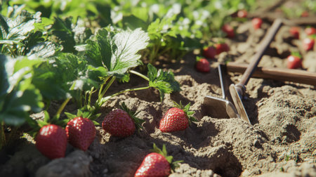 Discover the beauty of fresh strawberries growing in a garden, surrounded by rich soil and vibrant green leaves, showcasing the essence of natural agricultural practices and healthy living.の素材
