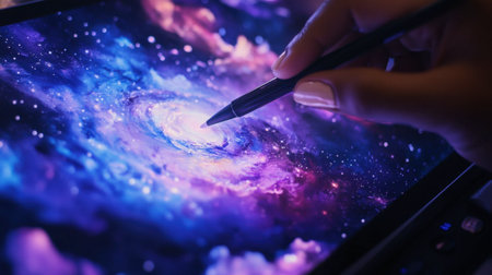 An inspiring scene of a hand creating stunning digital art of a galaxy on a tablet, showcasing vibrant colors, stars, and the beauty of cosmic imagination, perfect for artistic expression.の素材